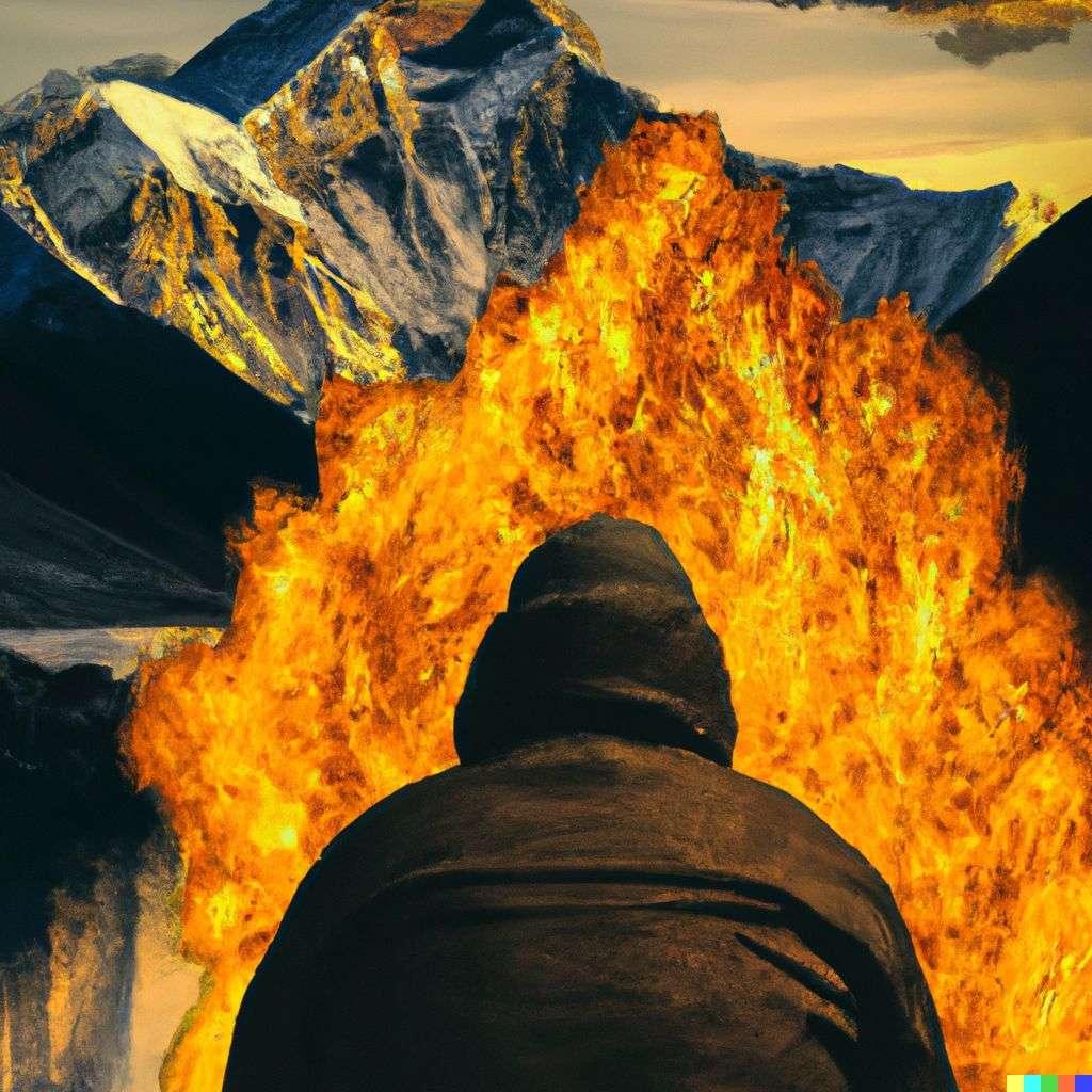 someone gazing at Mount Everest, fire art